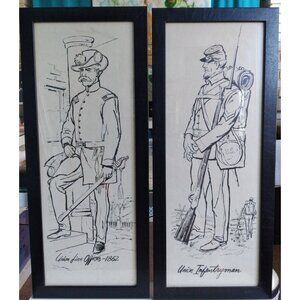 2 Vintage Historic American Civil War Union Officer Infantry Soldier Frame Print